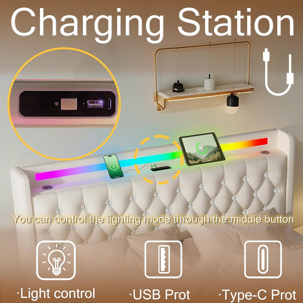 Juego 5-in-1 LED Light Queen Bed Frame with Bluetooth Speakers,Upholstered Platform Bed with USB & Type-C Charging Station,4 Drawers Storage and Wooden Slats Support,Velvet Bed with Headboard,Beige