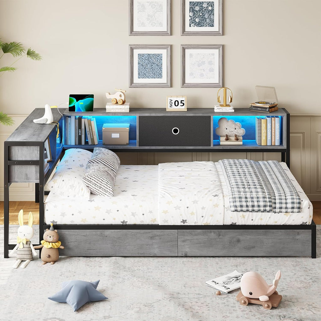 DICTAC Corner Bed Frame Twin XL with Storage Bookcase Headboard and Charging Station Metal Platform Bed Frame with 2 Storage Drawers and Led Lights Twin XL Daybed for Kids and Teen,Oak Gray