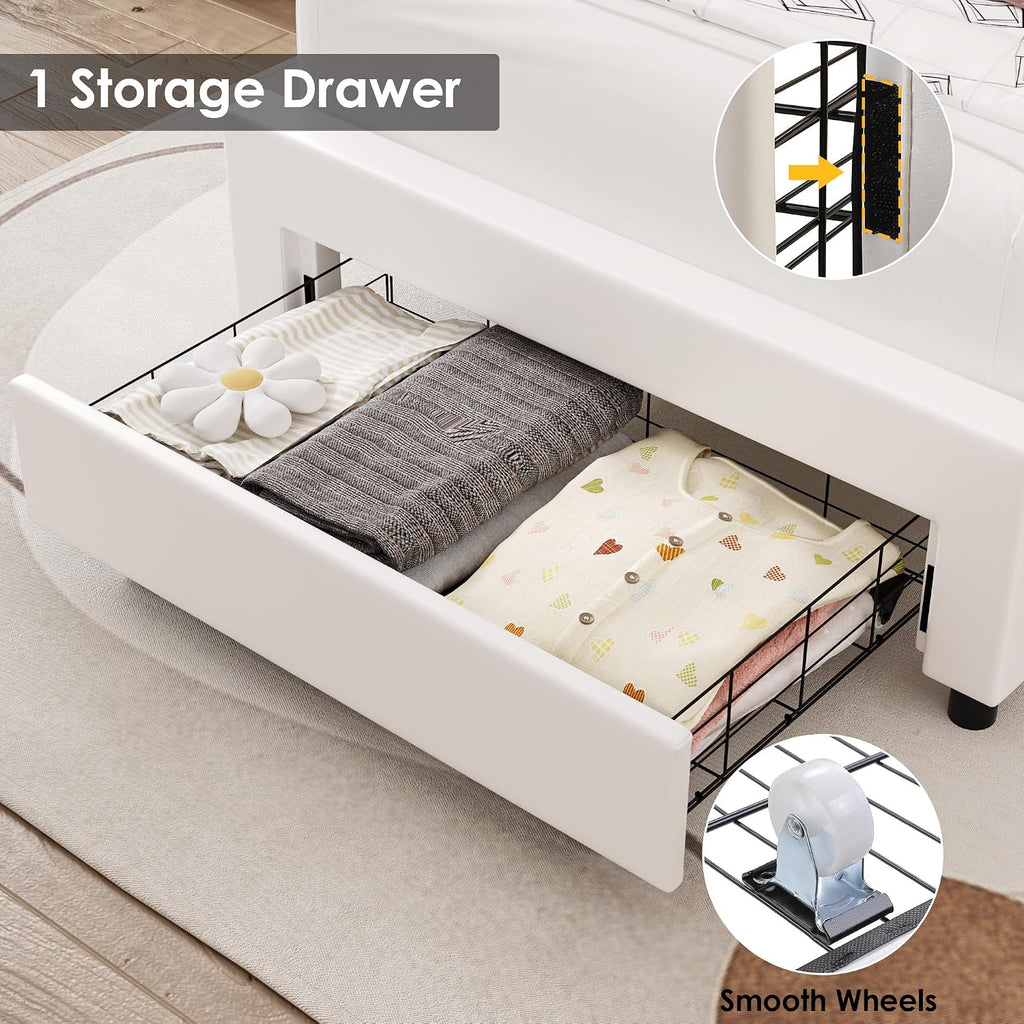 Keyluv 2 Set Twin Upholstered LED Bed Frame with Storage Drawer for Kid, Leather Princess Platform Bed with Adjustable Crystal Button Tufted Crown Headboard, Solid Woode Slats Support, White