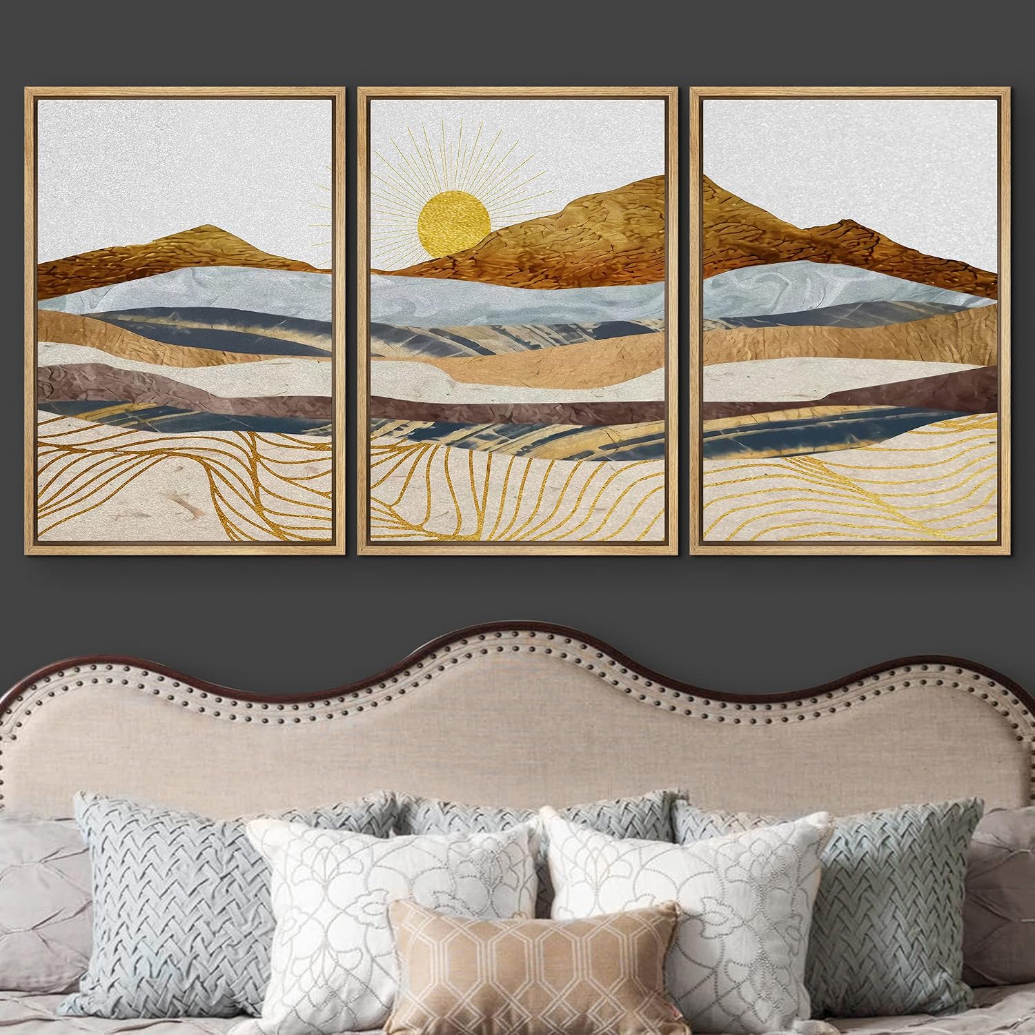 wall26 Framed Canvas Print Wall Art Set Gold Wave Geometric Mountain Range Nature Wilderness Illustrations Modern Art Decorative Landscape Zen for Living Room, Bedroom, Office - 24'x36'x3 Natural