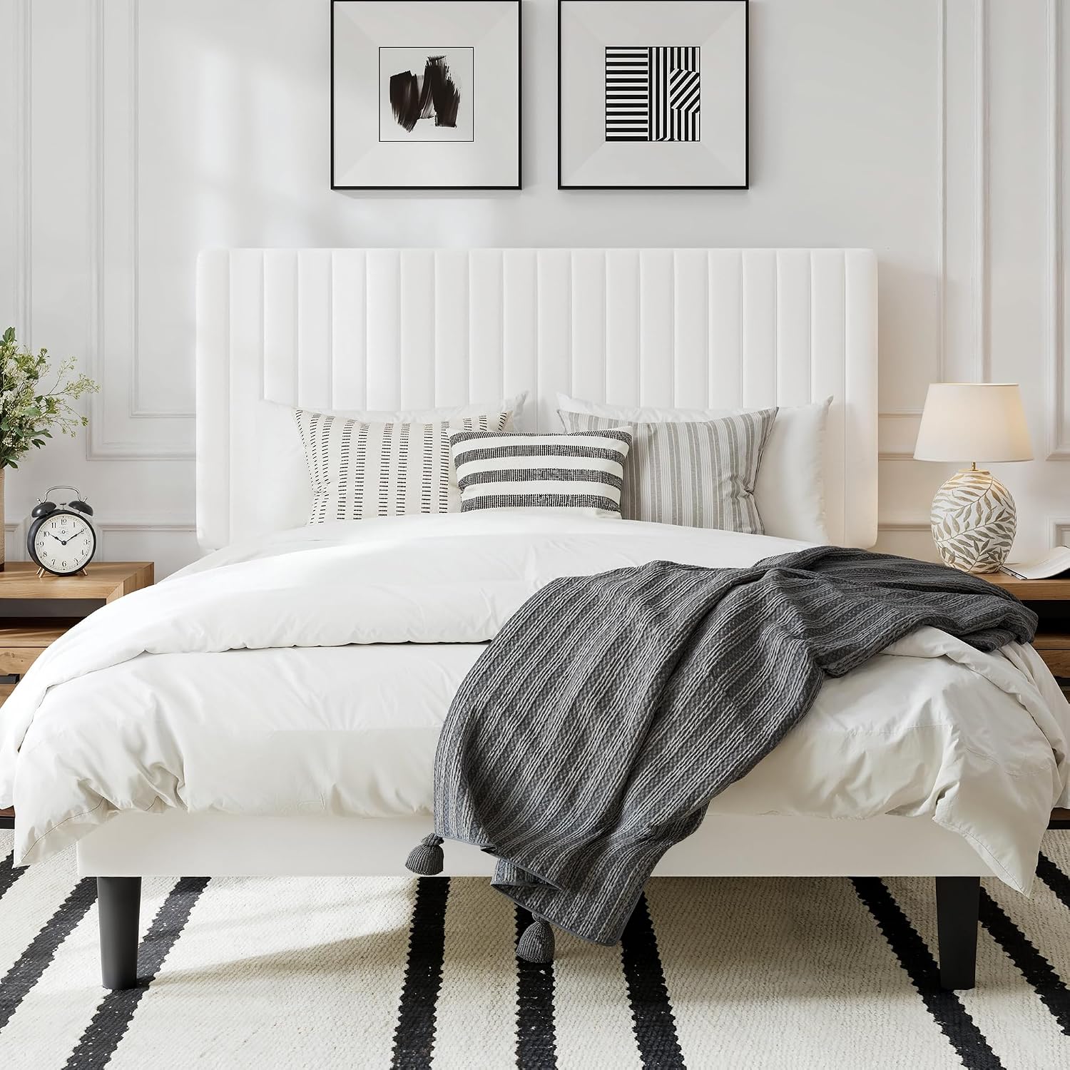GOLDORO Queen Size Bed Frame with Adjustable Headboard, Velvet Upholstered Platform Bed, Vertical Channel Tufted Design, Wooden Slat Support, No Box Spring Needed, Easy Assembly, White