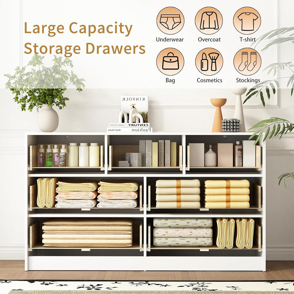 7 Drawer Dresser and Nightstand Sets for Bedroom, 3 Pcs Bedroom Set，Night Stand Set of 2 & 7 Drawer Dresser with Gold Handles, Modern Wood Chest of Drawers Storage Cabinet Set, White