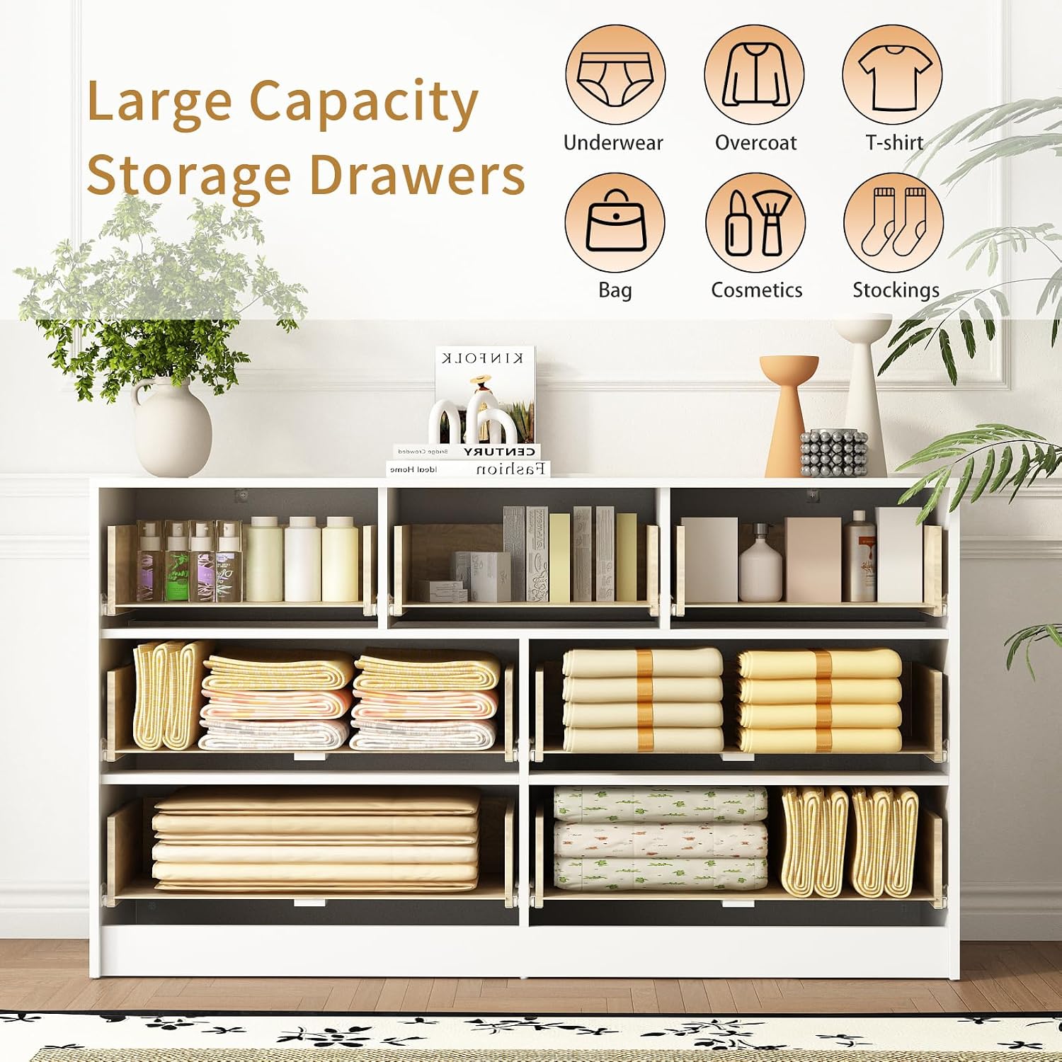 7 Drawer Dresser and Nightstand Sets for Bedroom, 3 Pcs Bedroom Set，Night Stand Set of 2 & 7 Drawer Dresser with Gold Handles, Modern Wood Chest of Drawers Storage Cabinet Set, White