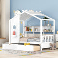 MERITLINE Twin Size Kids House Bed with 2 Drawers and Storage Shelf, Wooden Kids Montessori Bed Frame (White)