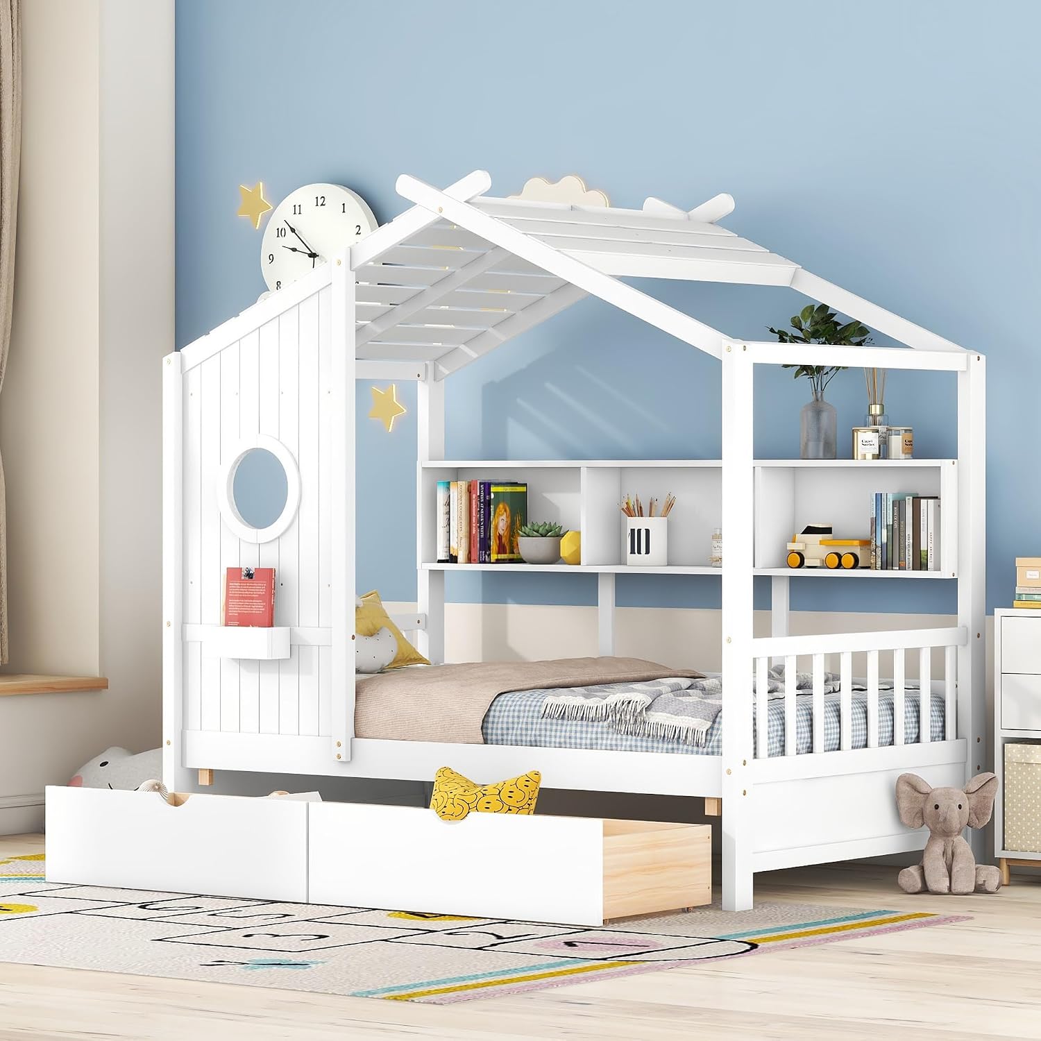 MERITLINE Twin Size Kids House Bed with 2 Drawers and Storage Shelf, Wooden Kids Montessori Bed Frame (White)