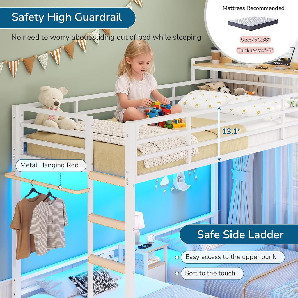 Triple Bunk Bed with Storage Drawers and Bedside Shelf, Twin Over Twin Bunk Bed for Kids/Teens with LED Lights and Charging Station, Heavy Duty Metal Bunk Beds with Safety Guardrail and Ladder, White