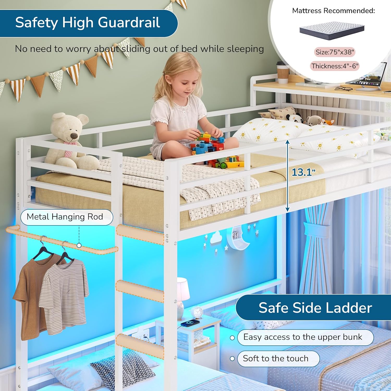 Triple Bunk Bed with Storage Drawers and Bedside Shelf, Twin Over Twin Bunk Bed for Kids/Teens with LED Lights and Charging Station, Heavy Duty Metal Bunk Beds with Safety Guardrail and Ladder, White