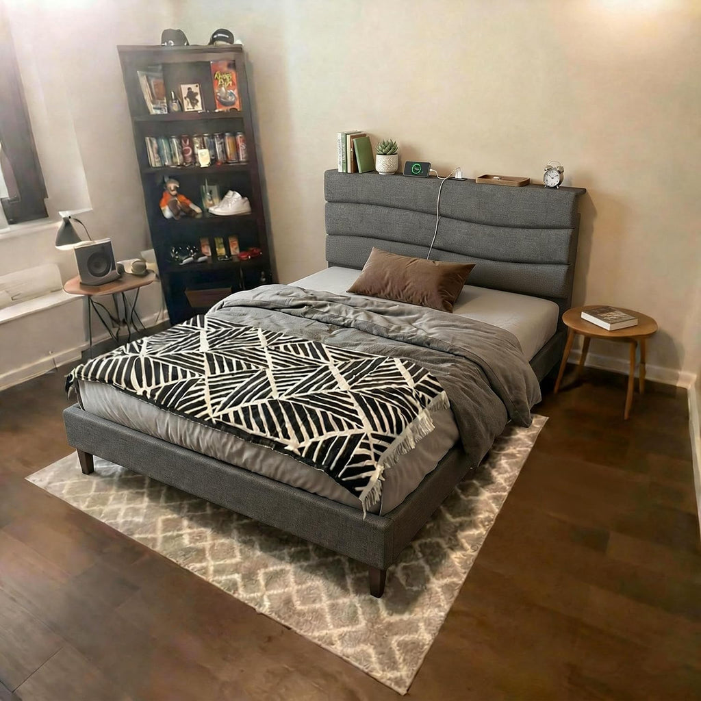 EnHomee Twin Size Bed Frame with Adjustable Height Upholstered Headboard, 3 USB Charging Ports, Noise-Free Platform Bed, No Box Spring Needed, Grey