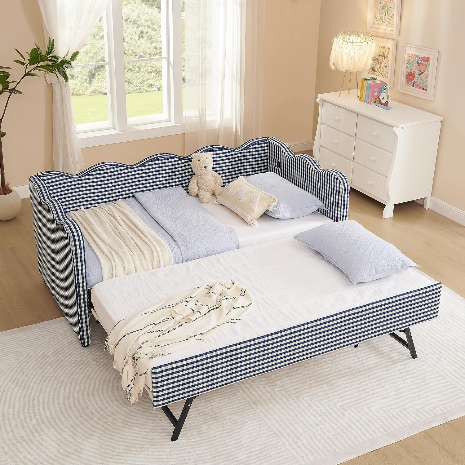 Deolme Twin to King Daybed with Trundle, USB Ports Soft Upholstered Daybed with Pop Up Trundle Bed Twin, Modern Extendable Day Bed Frame for Kids Bedroom Living Room Guest Room Small Places Navy Blue