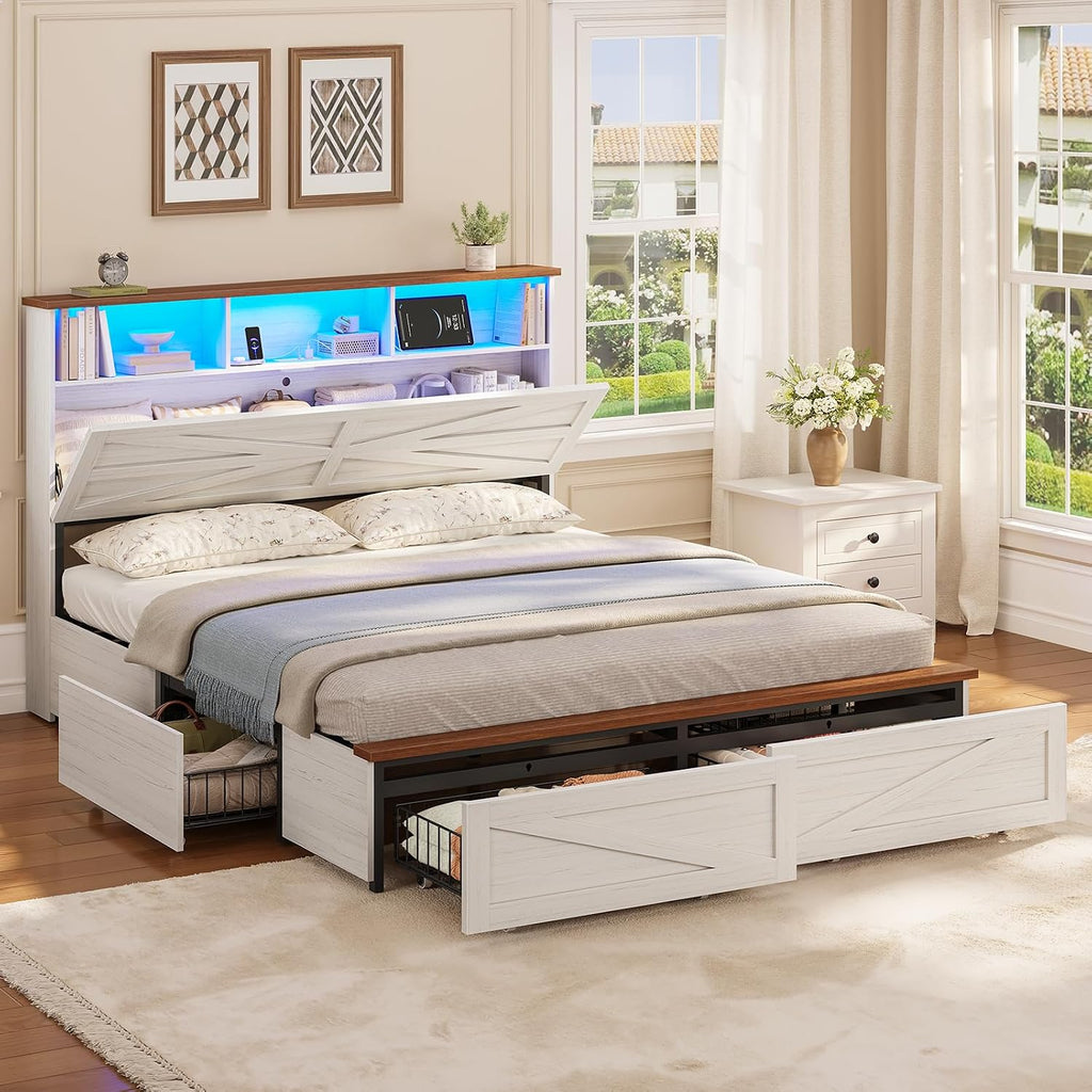 VIAGDO Full Size Bed Frame with 6 Drawers, Farmhouse Bed Frame with Barn Door Headboard and Storage, Wood Platform Bed Frame Full Size with Charging Station and LED Lights, No Box Spring Needed, White