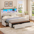 VIAGDO Full Size Bed Frame with 6 Drawers, Farmhouse Bed Frame with Barn Door Headboard and Storage, Wood Platform Bed Frame Full Size with Charging Station and LED Lights, No Box Spring Needed, White