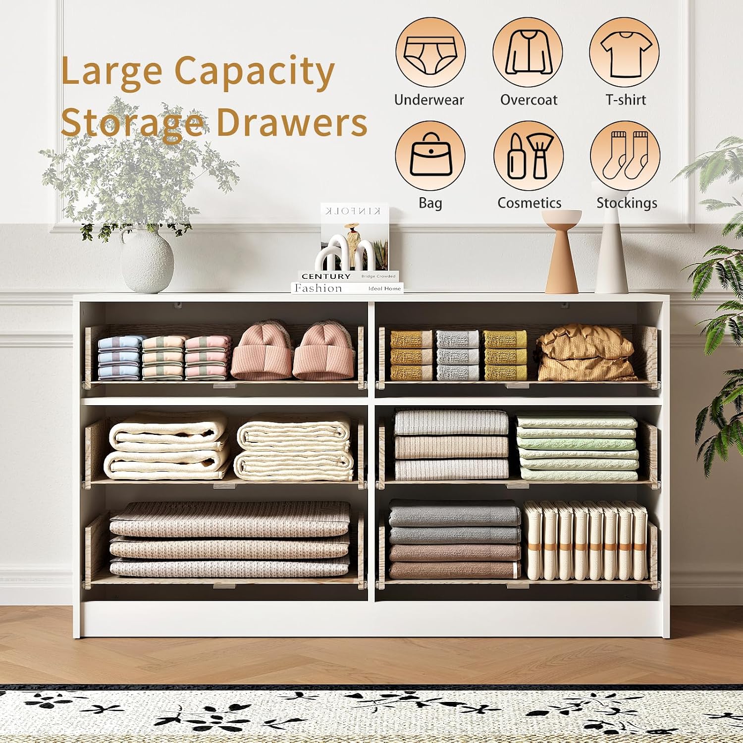 6 Drawer Dresser and Nightstand Sets for Bedroom, 3 Pcs Bedroom Set, Night Stand Set of 2 & 6 Drawer Dresser with Gold Handles, Modern Wood Chest of Drawers Storage Cabinet Set, White