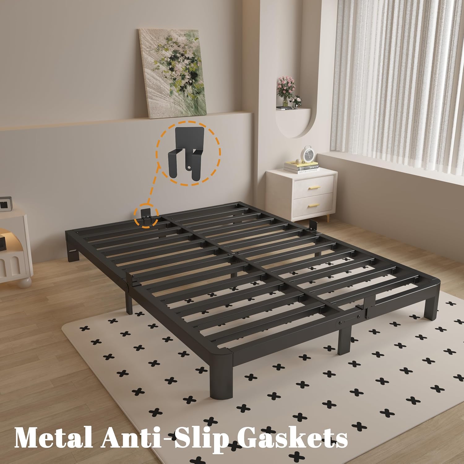 6 Inch Full Size Bed Frame with Metal Gaskets, Black Full Bed Frame No Box Spring Need, Heavy Duty Steel Platform Support, Reserved Holes, Round Corner Legs, Easy Assembly, Noiseless