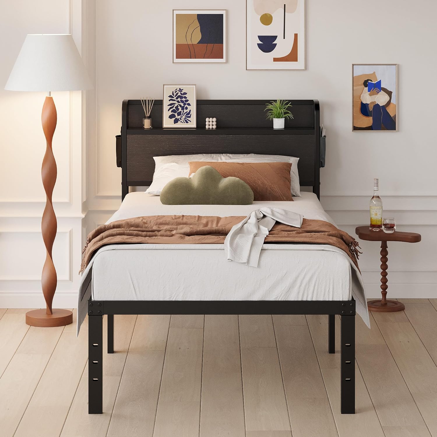 Maenizi 16 Inch Twin Bed Frames with Headboard, Twin Metal Bed Frame Storage Wood Headboard No Box Spring Needed, Noise Free, Black