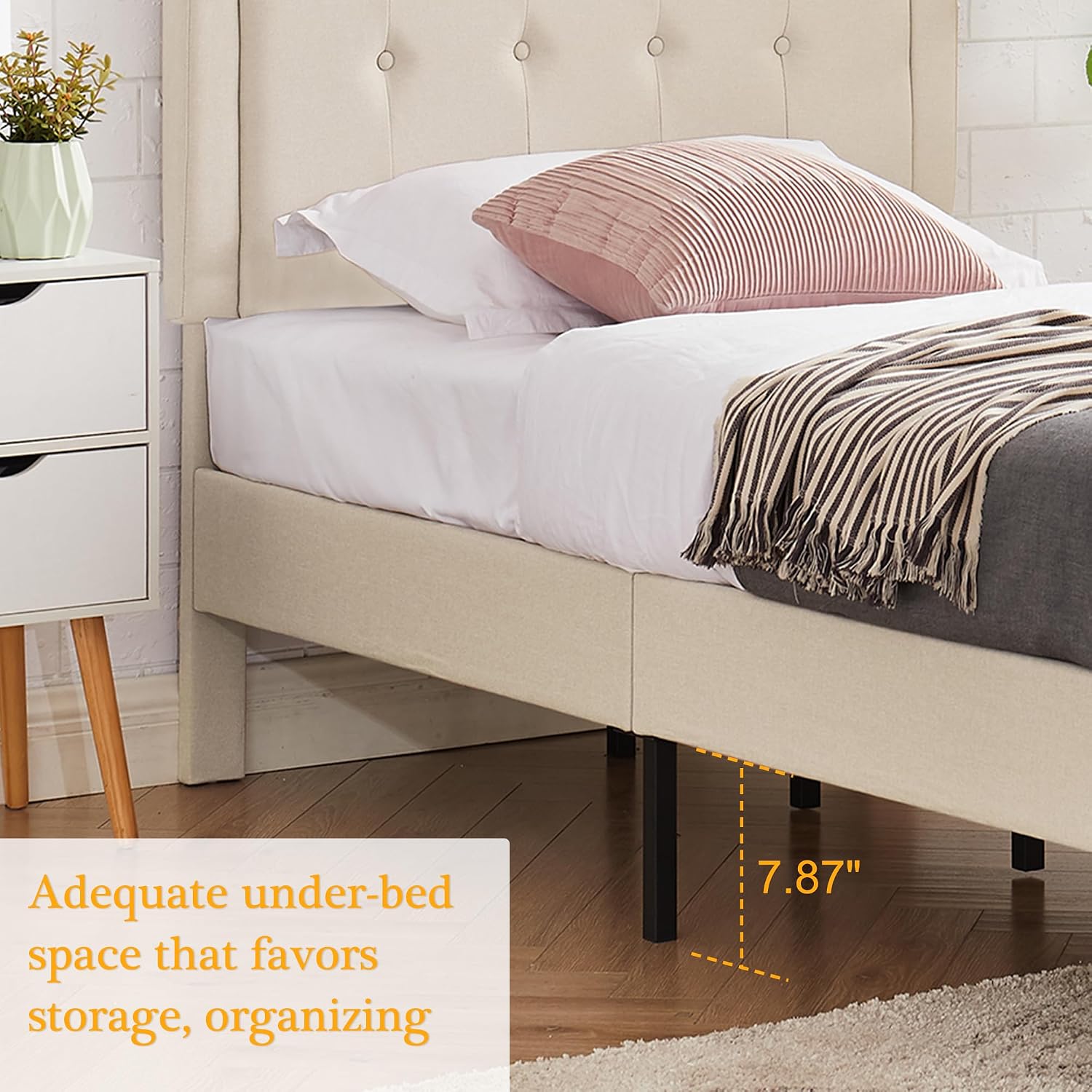 VECELO Twin Size Platform Bed Frame with Fabric Upholstered Headboard and Wooden Slats Support, No Box Spring Needed/Easy Assembly,Beige