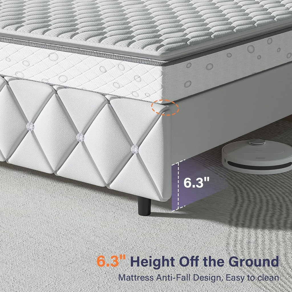 HOMBCK Full Platform Bed Frame with Upholstered Diamond Headboard, Mattress Foundation with Strong Wooden Slats Support, No Box Spring Needed, Easy Assembly, Pearlized White