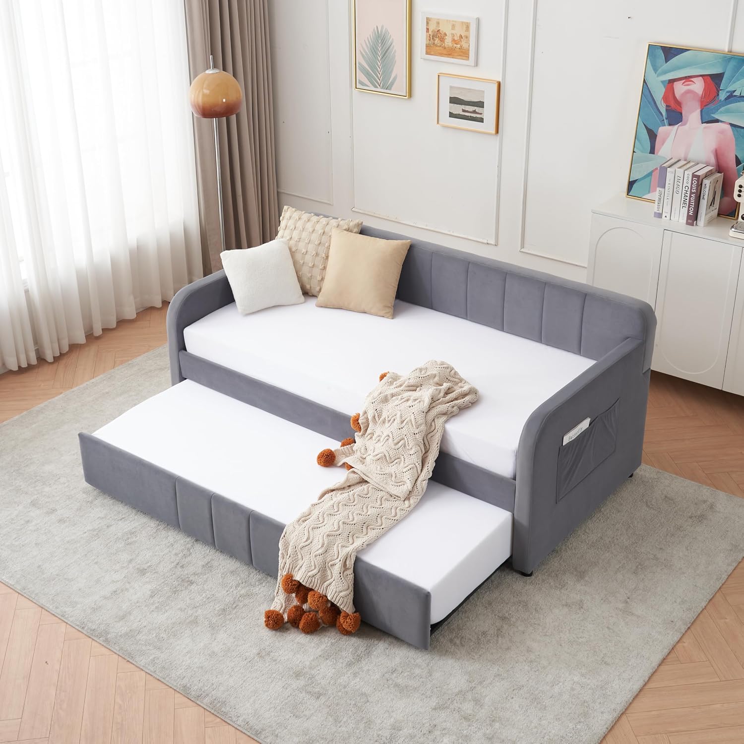 Deolme Twin to King Daybed with Trundle, USB Ports, Velvet Upholstered Daybed with Pop Up Trundle Bed, Modern Extendable Day Bed Frame for Kid Adult Bedroom Living Room Guest Room Small Places Gray