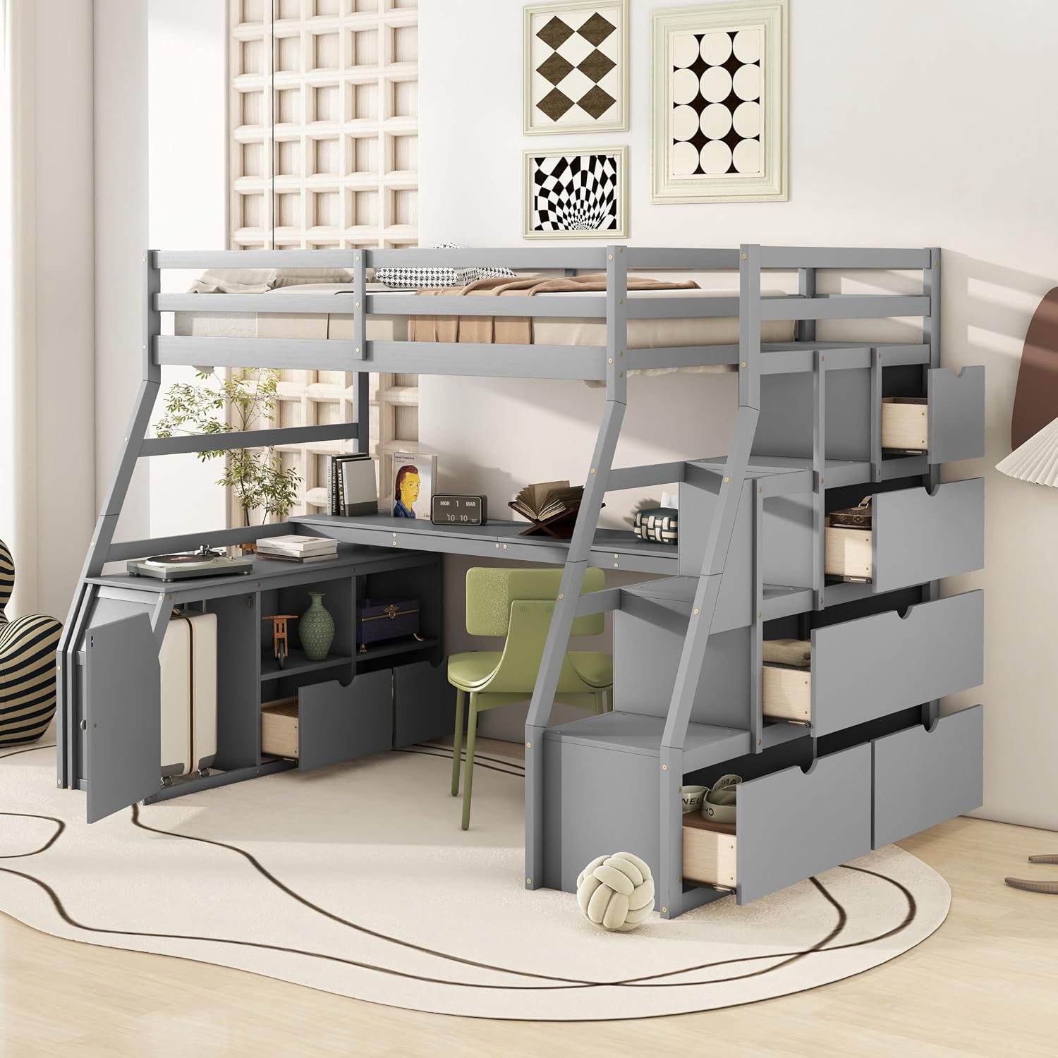 Bellemave Twin Size Loft Bed with Stairs and Desk, Wood Loft Beds with Cabinet and 7 Drawers, High Loft Bed Frame with Shelves and Step for Kids, Teen, Boys, Girls, Grey