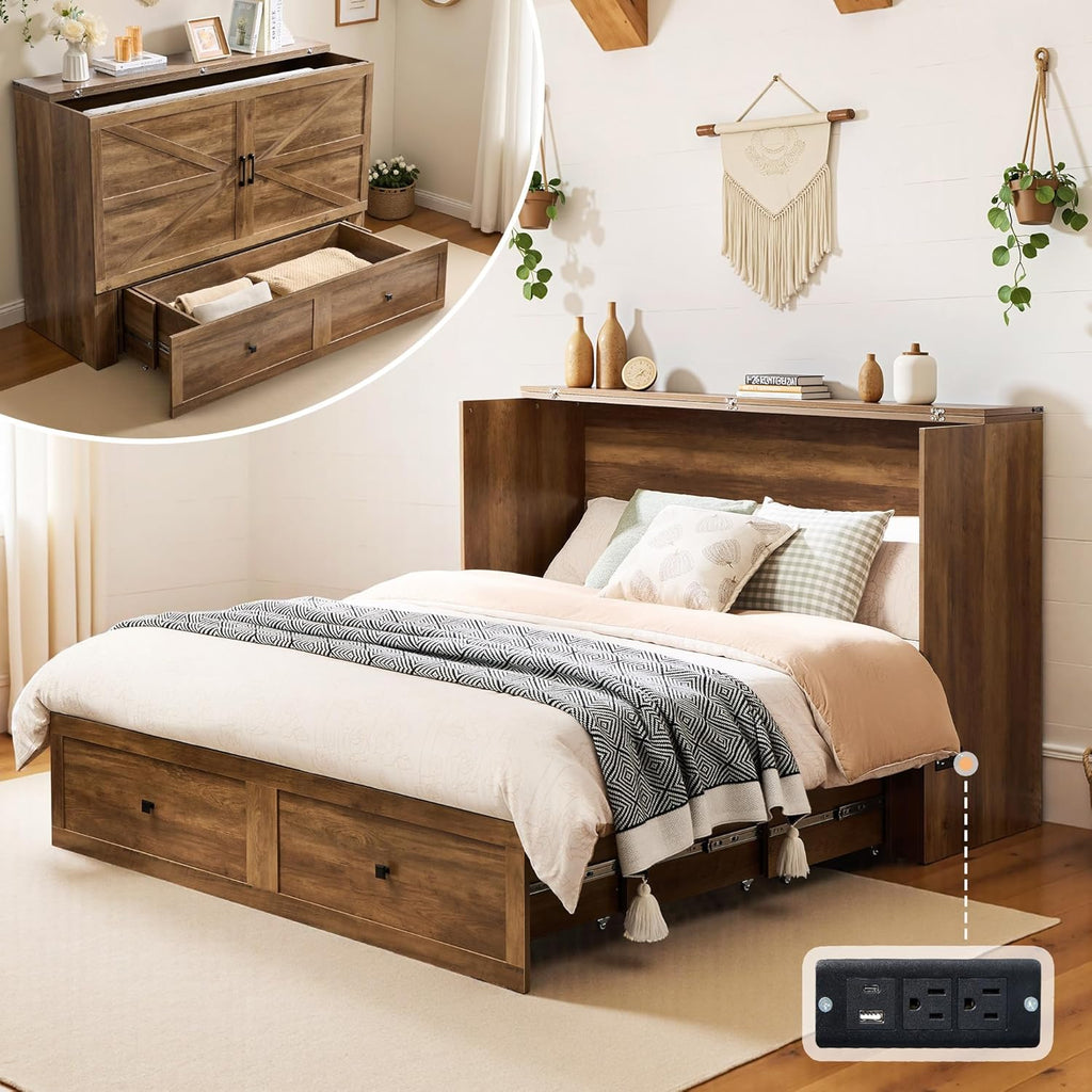 LUXOAK Full Murphy Bed with Storage and Charging Station, Farmhouse Cabinet Bed, Noise-Free, for Guest Room, Apartment, or Office, Barnwood
