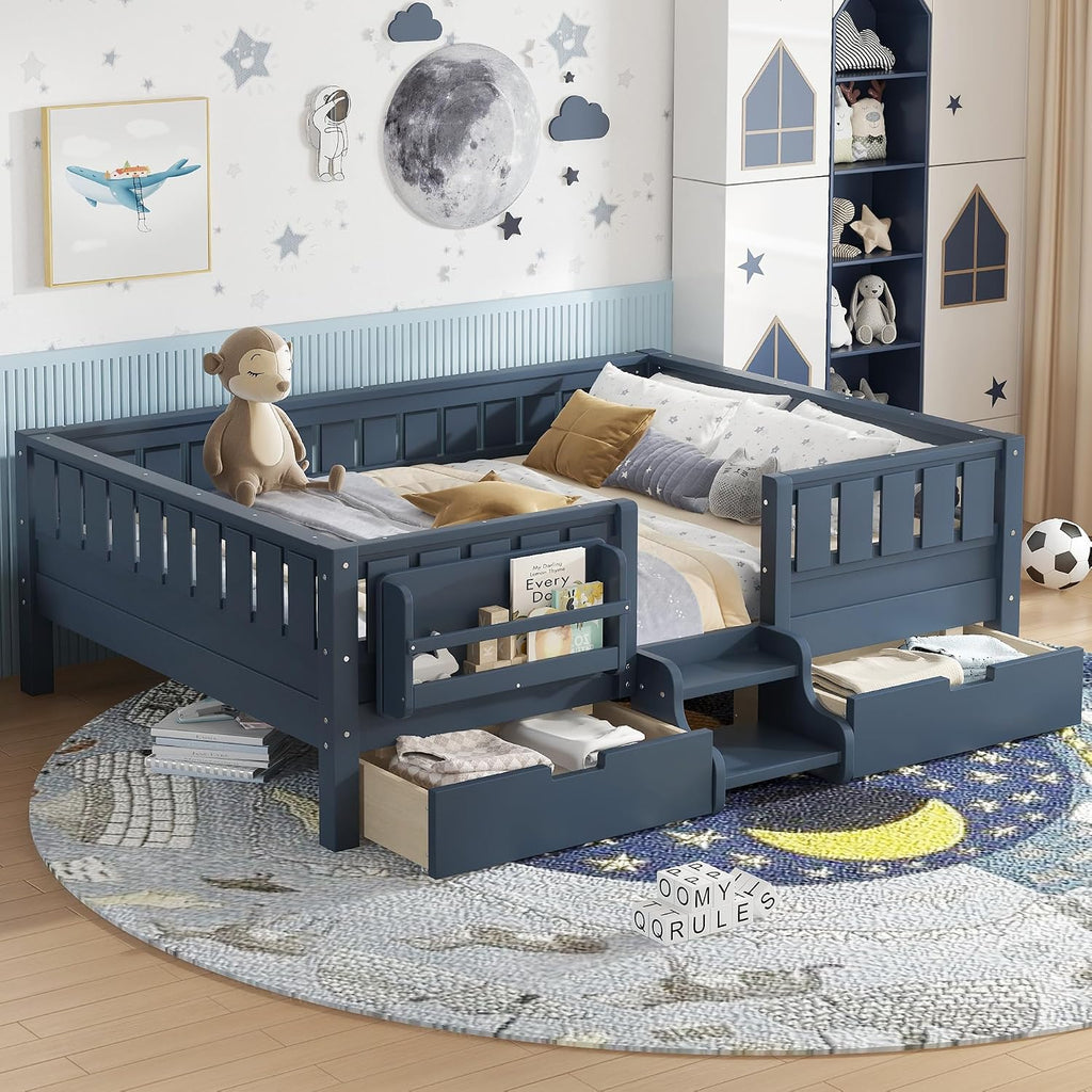 Bellemave Full Floor Bed with Stairs, Rails and Slats, Full Size Montessori Floor Bed with Bookshelf and 2 Storage Drawers, Easy Assemble Montessori Beds Frame for Girls, Boys, Blue