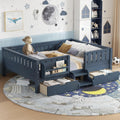 Bellemave Full Floor Bed with Stairs, Rails and Slats, Full Size Montessori Floor Bed with Bookshelf and 2 Storage Drawers, Easy Assemble Montessori Beds Frame for Girls, Boys, Blue
