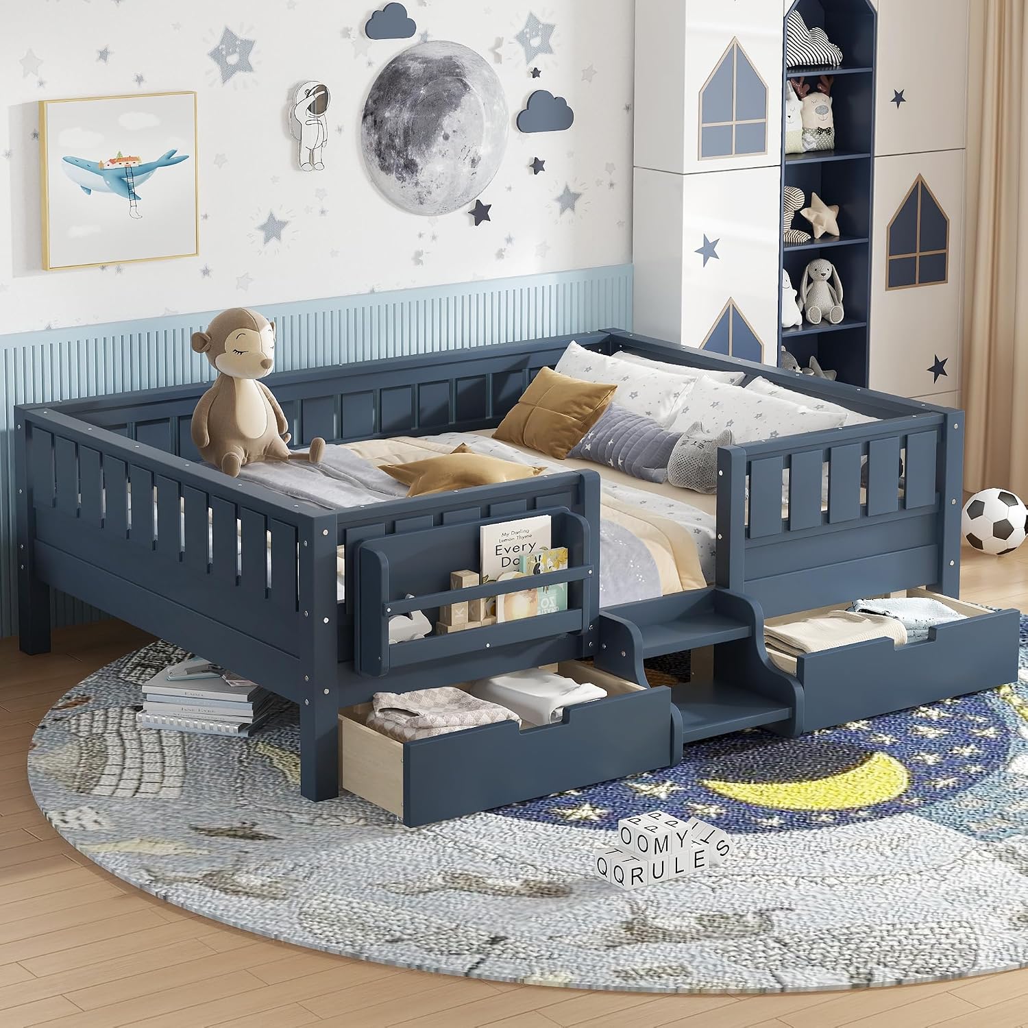 Bellemave Full Floor Bed with Stairs, Rails and Slats, Full Size Montessori Floor Bed with Bookshelf and 2 Storage Drawers, Easy Assemble Montessori Beds Frame for Girls, Boys, Blue