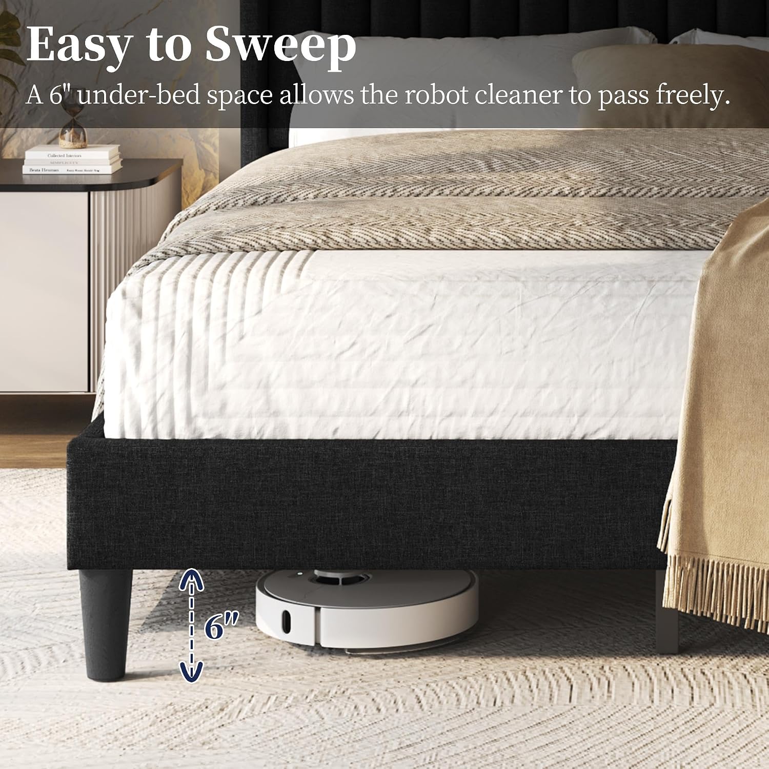 Yaheetech Queen Bed Frame Upholstered Platform Bed with Fabric Headboard, Wing Edge Design/Non-Slip and Noise-Free/Wooden Slats Support/No Box Spring Needed/Easy Assembly, Black Queen Bed