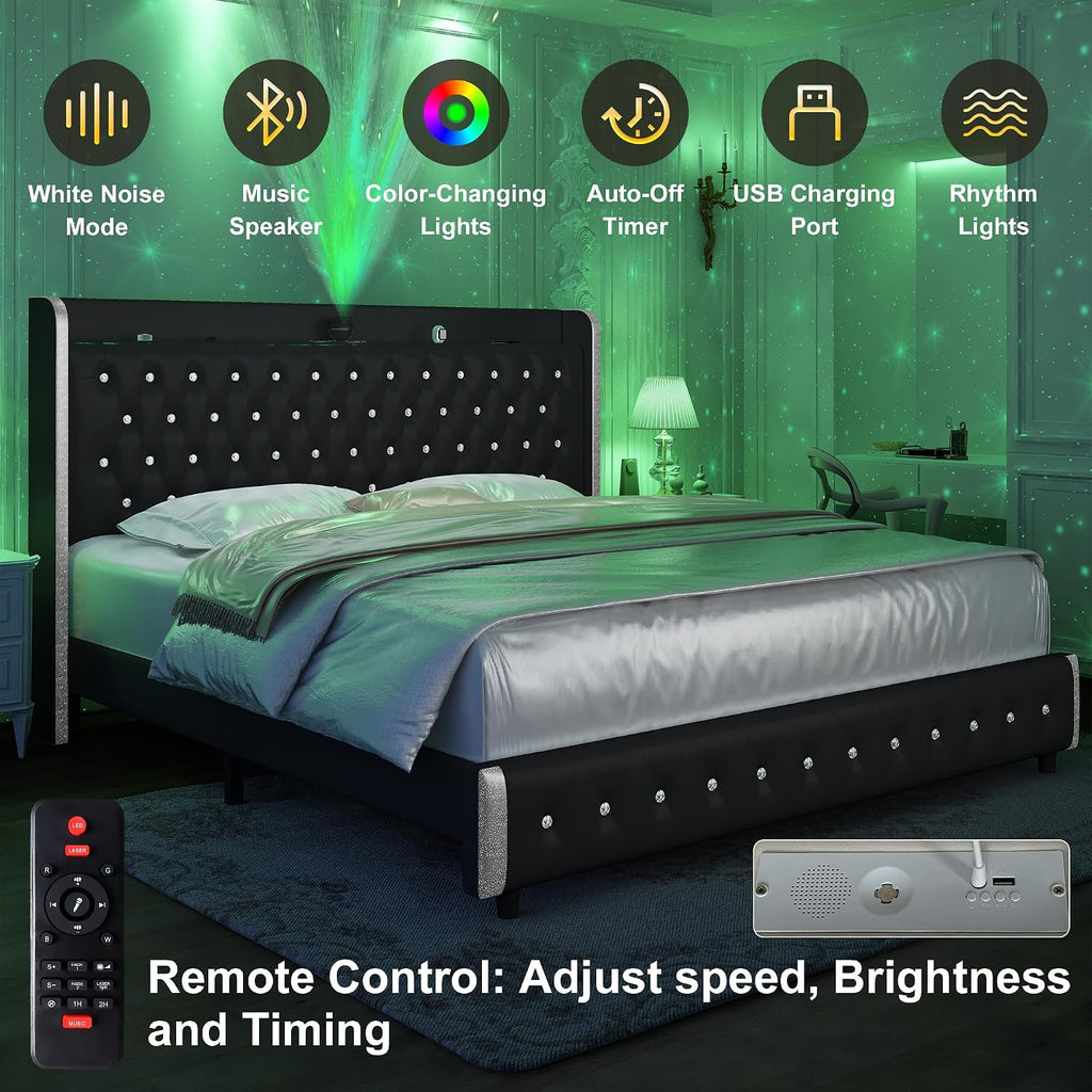 GEGOFORU Full Bed Frame with LED Lights and Galaxy Projecton, Upholstered Wingback Platform Bed, No Box Spring Needed, Sturdy Noiseless Modern Headboard with Starry Accents, Easy Assembly, PU Black