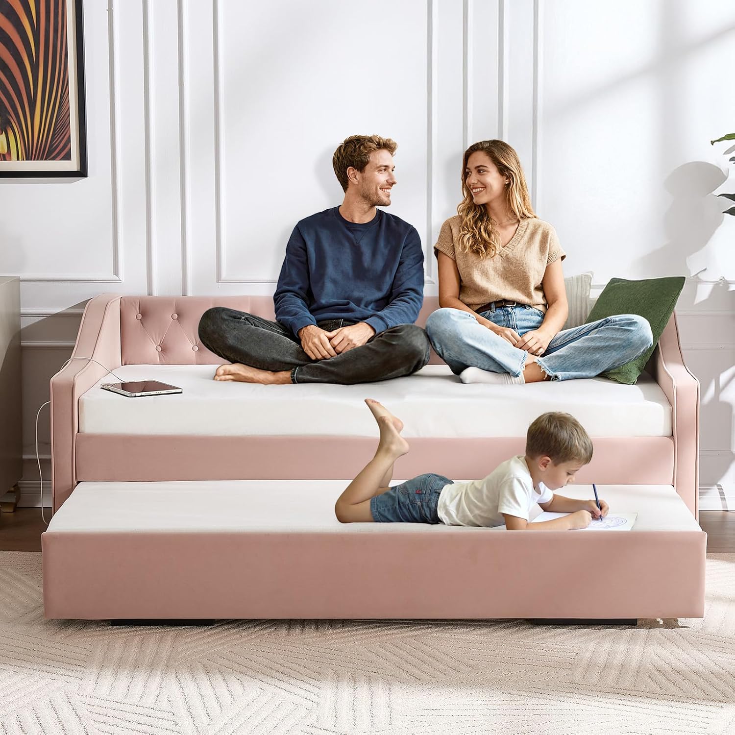 Twin to King Daybed with Trundle, USB Ports Soft Upholstered Daybed with Pop Up Trundle Bed Twin, Modern Extendable Day Bed Frame for Girls Bedroom Living Room Guest Room Small Places Blush Pink