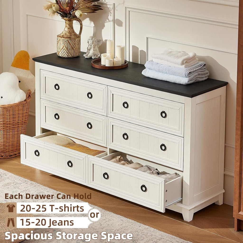 Joaxswe 6 Drawers Dresser for Bedroom, Farmhouse 54'' White Dresser Chest of Drawers, Vintage Design Wood TV Stand, Rustic Storage Dressers Organizer for Bedroom, Living Room, Hallway