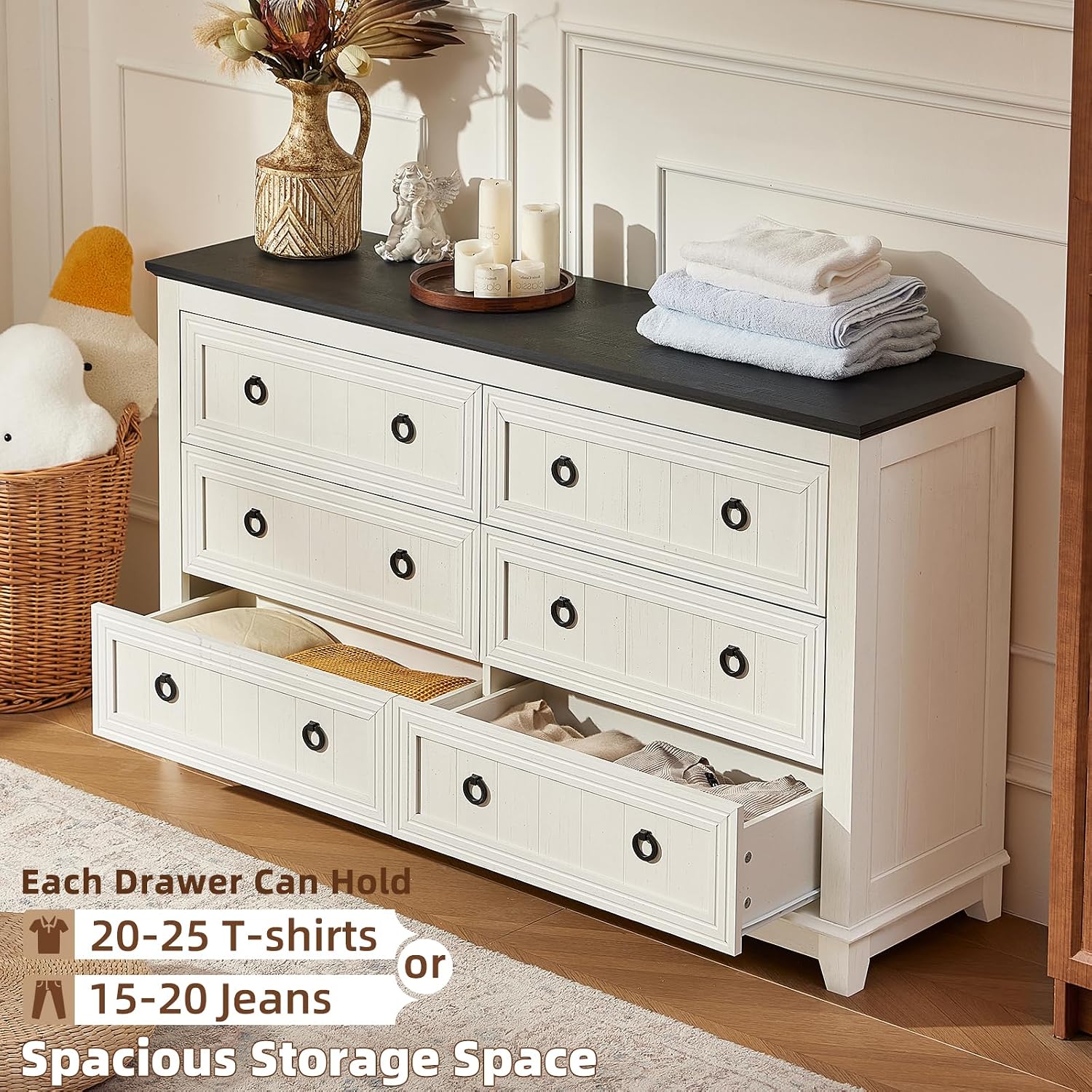 Joaxswe 6 Drawers Dresser for Bedroom, Farmhouse 54'' White Dresser Chest of Drawers, Vintage Design Wood TV Stand, Rustic Storage Dressers Organizer for Bedroom, Living Room, Hallway