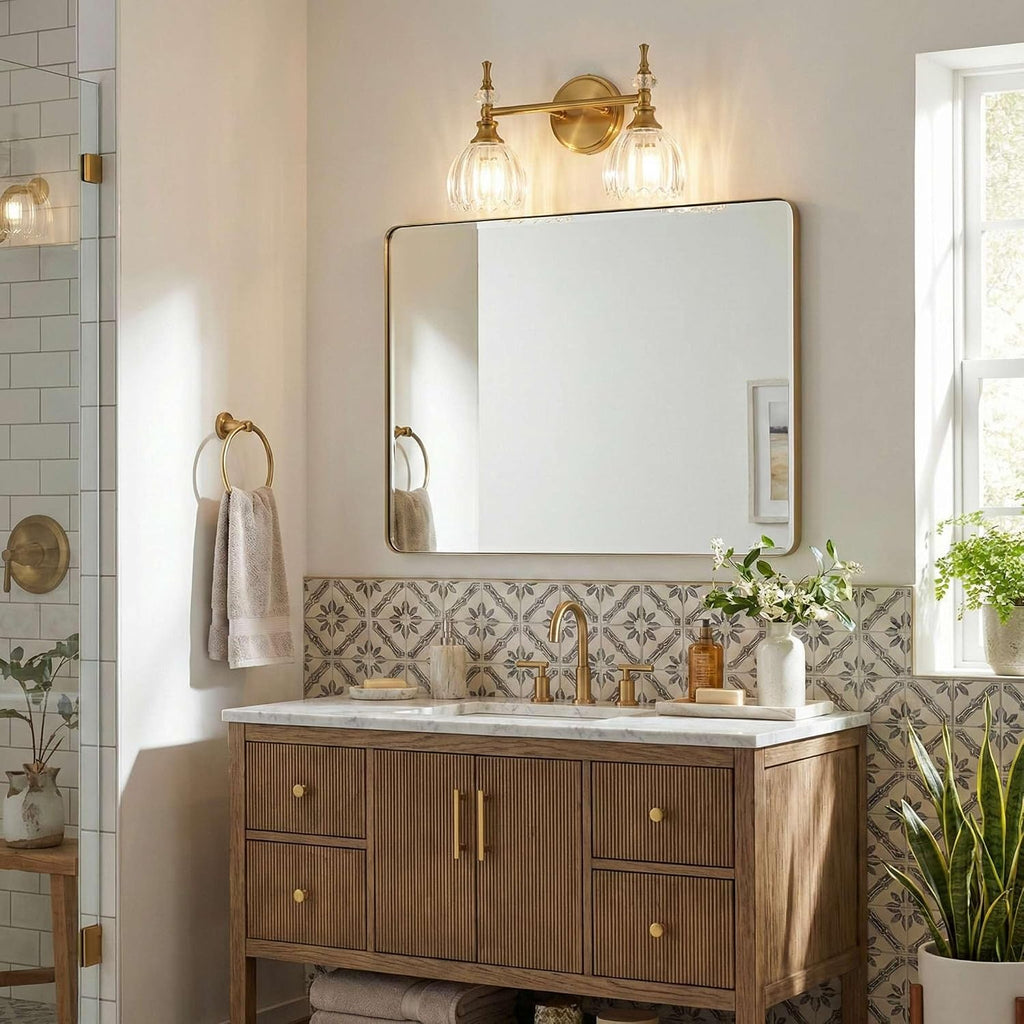 ANDY STAR Transitional 2-Light Bathroom Vanity Light, Brushed Gold Wall Sconce, Tulip Ribbed Glass with Crystal Accent, Reversible Mounting