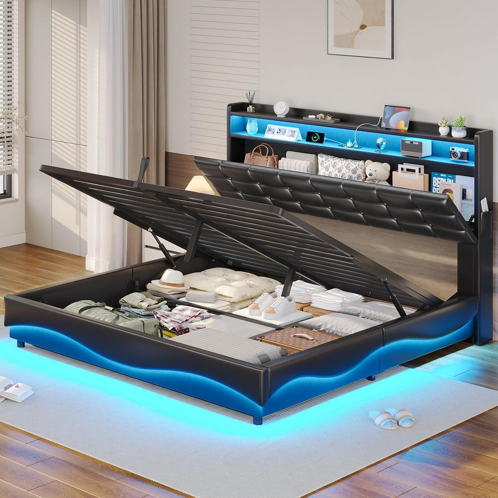 BTHFST Full Size Bed Frame with Lift Up Storage, Power Outlet & RGB Lights, Headboard with Hidden Storage Cubby, PU Leather Upholstered Platform Bed, No Box Spring Needed, PU Black