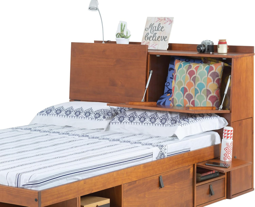 memomad Bali Set: Storage Platform Bed with Drawers + Bookcase Headboard (Full Size, Caramel Brown Wood)