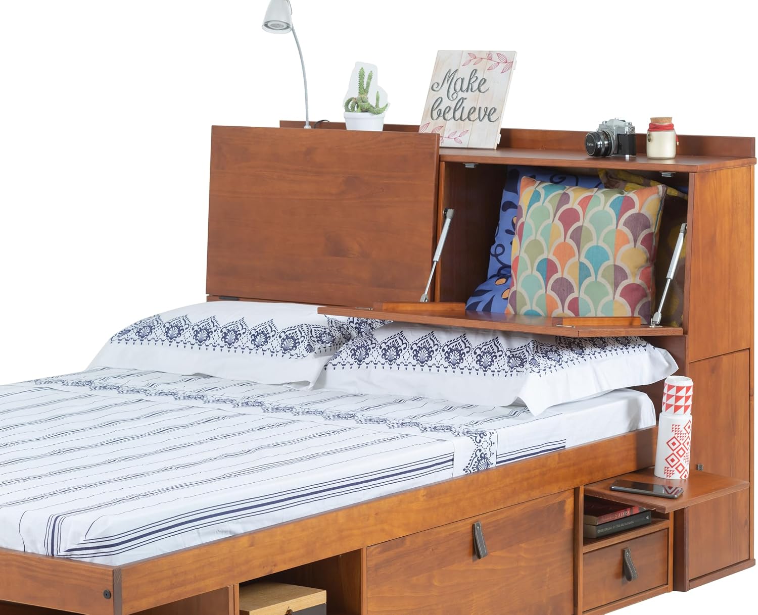 memomad Bali Set: Storage Platform Bed with Drawers + Bookcase Headboard (Full Size, Caramel Brown Wood)
