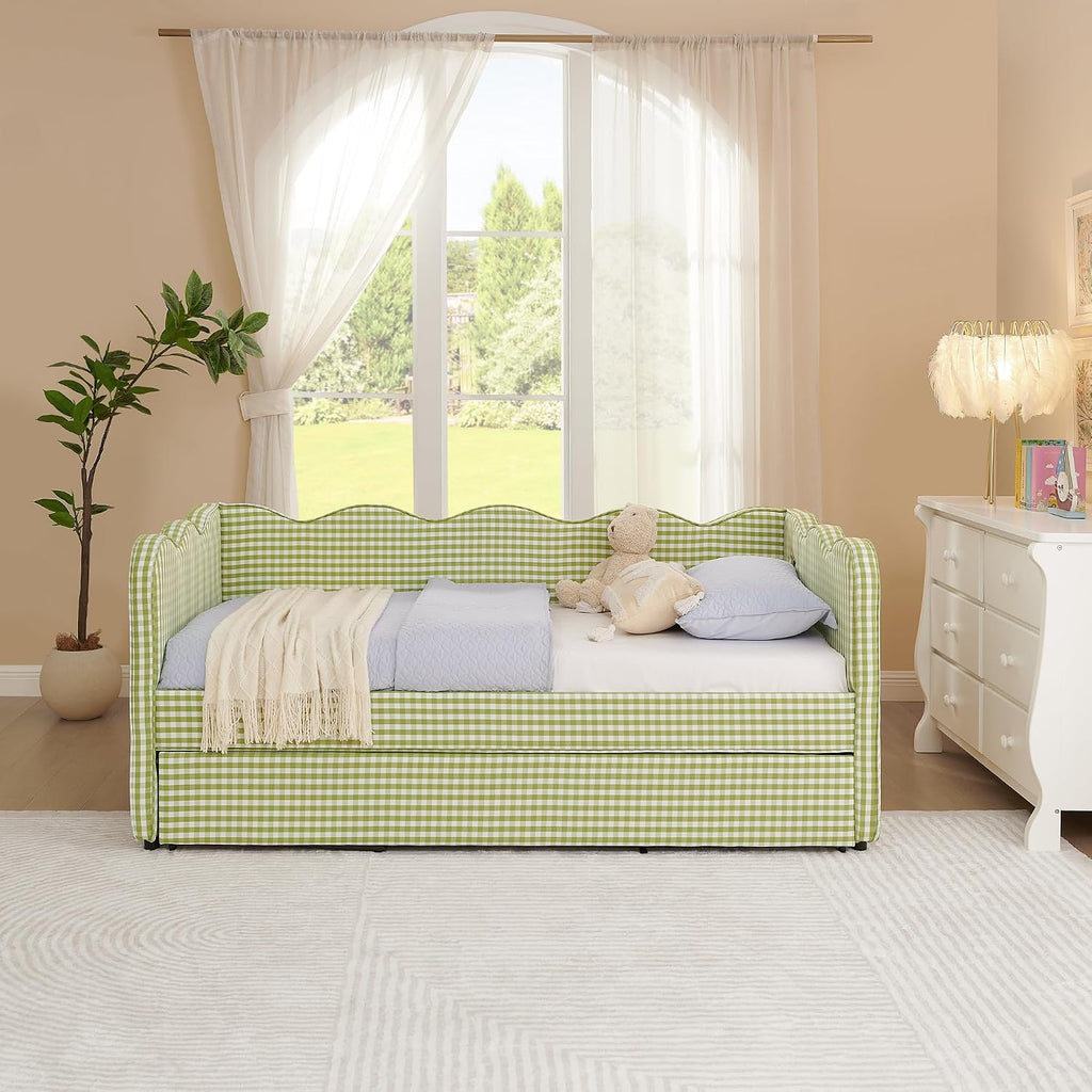 DEINPPA Twin Size Upholstered Daybed with Trundle, Gingham Daybed with USB Ports for Bedroom Living Room Guest Room-Green