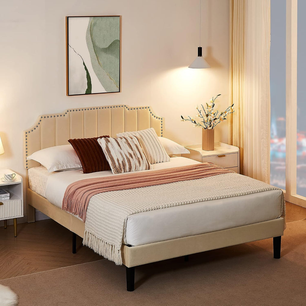 VECELO Upholstered Platform Full Bed Frame with Tufted Adjustable Headboard/Mattress Foundation/Wood Slat Support,Easy Assembly,Beige