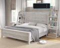AMERLIFE Full Bed Frame with Wide Headboard and 4-Tier Bookshelves, Farmhouse Platform Bed with Charging Station & 2 Drawers, Noise-Free, No Box Spring Needed, Rustic White