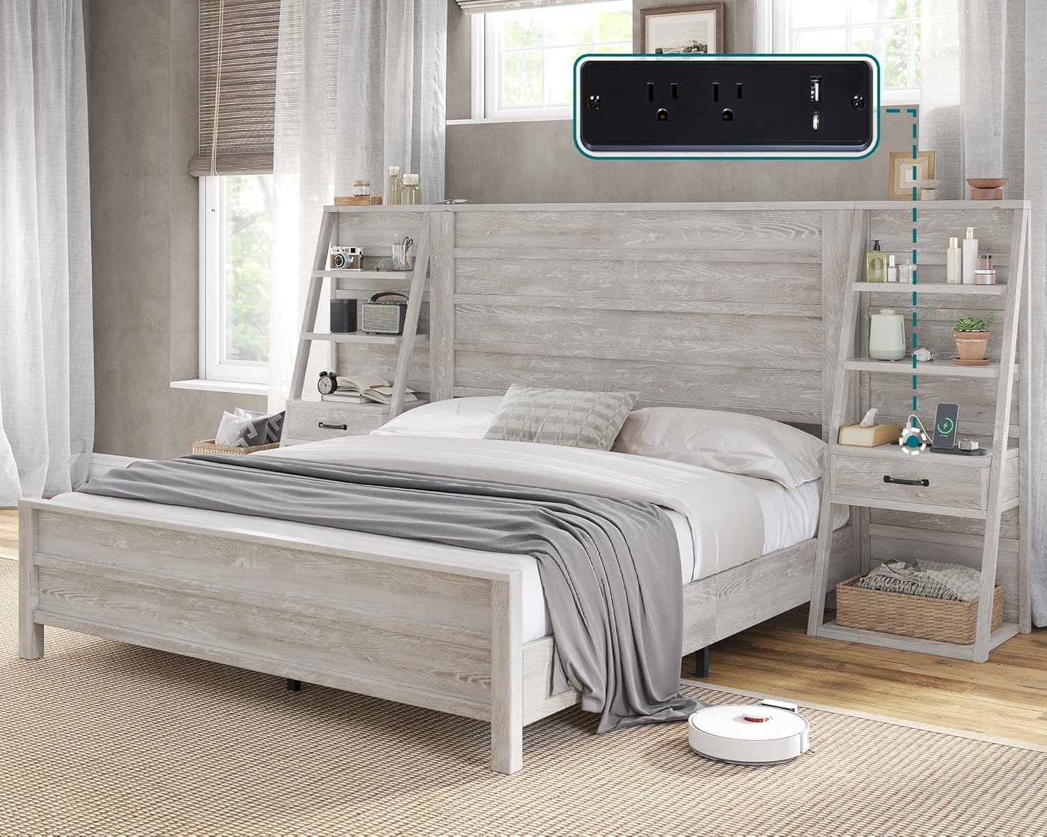 AMERLIFE Full Bed Frame with Wide Headboard and 4-Tier Bookshelves, Farmhouse Platform Bed with Charging Station & 2 Drawers, Noise-Free, No Box Spring Needed, Rustic White