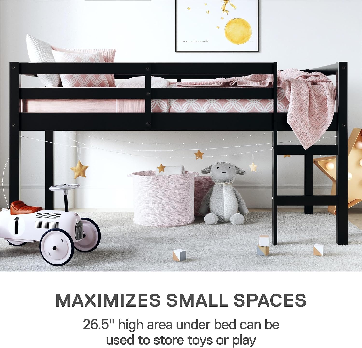 DHP Milton Twin Loft Bed with Safety Guard Rail, Black, Space Saving Junior Size, Pine Wood