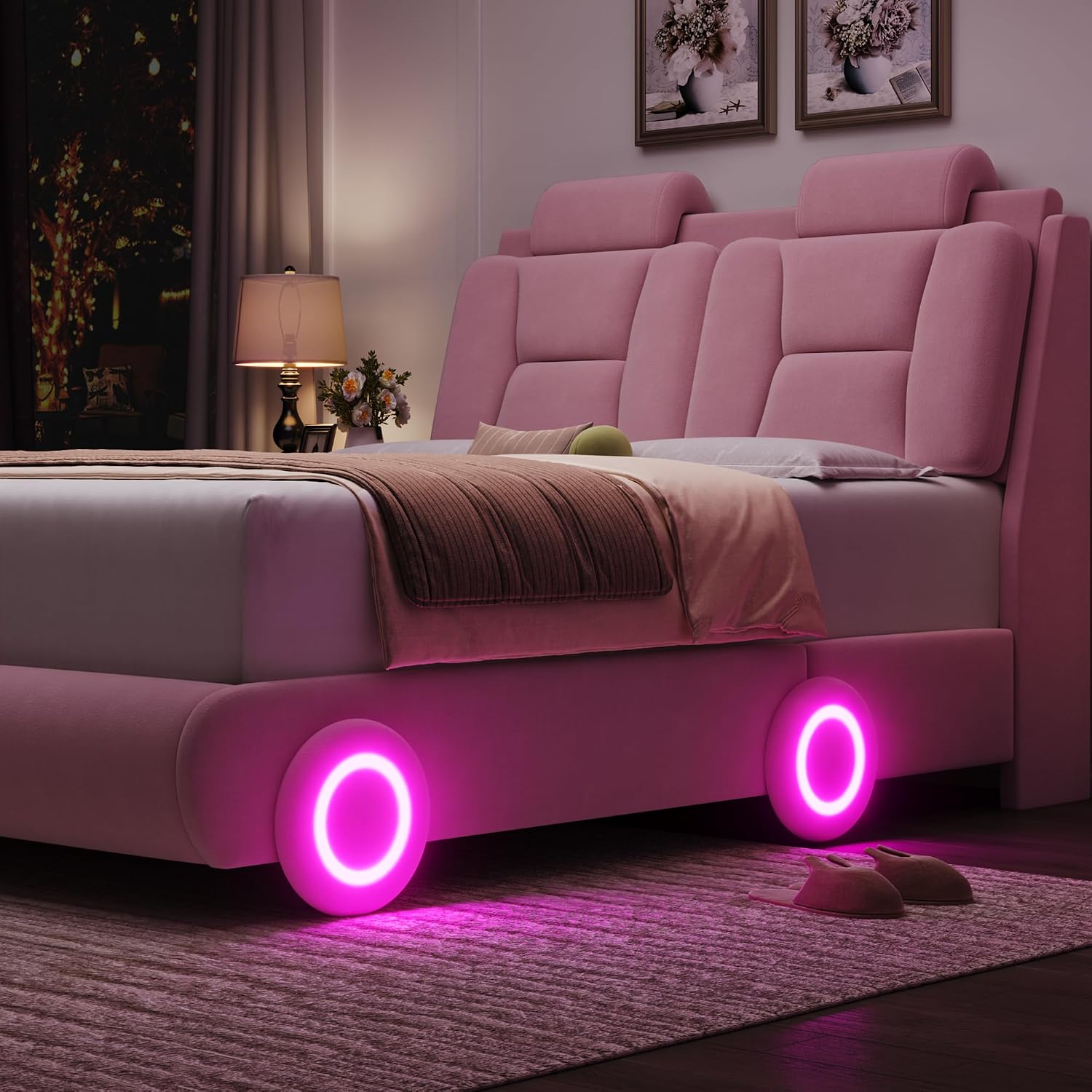 Keyluv Full Led Car Bed Frame with Wheels Decor & Adjustable Curved Headboard Modern Upholstered Platform Bed with Detachable Pillows Solid Wooden Slats Support No Box Spring Needed, Velvet Pink