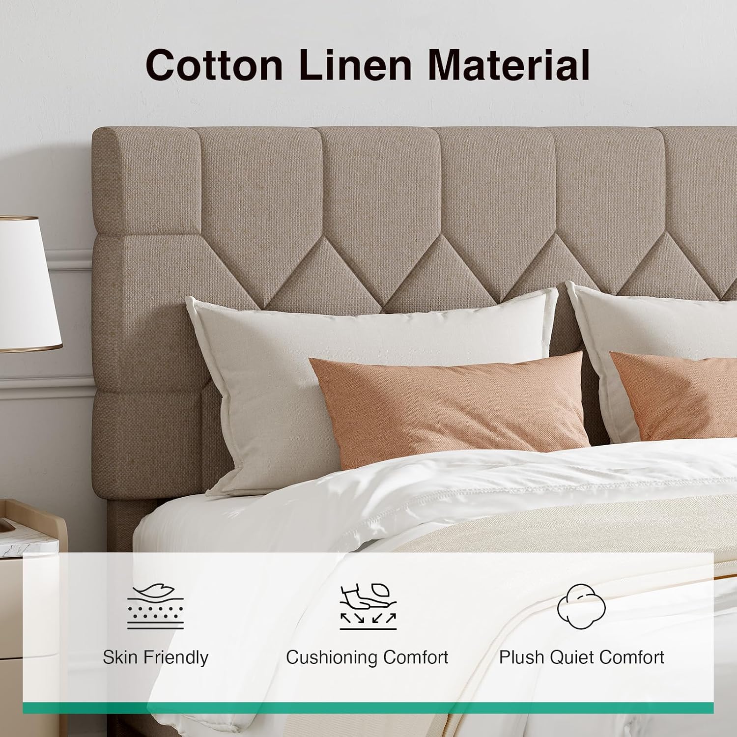 Novilla Queen Bed Frame with Headboard, Bed Frame Queen Size with Wood Slats Support, Linen Upholstered Pull-Point Headboard, No Box Spring Needed, Heavy Duty Feet, Easy Assembly, Beige