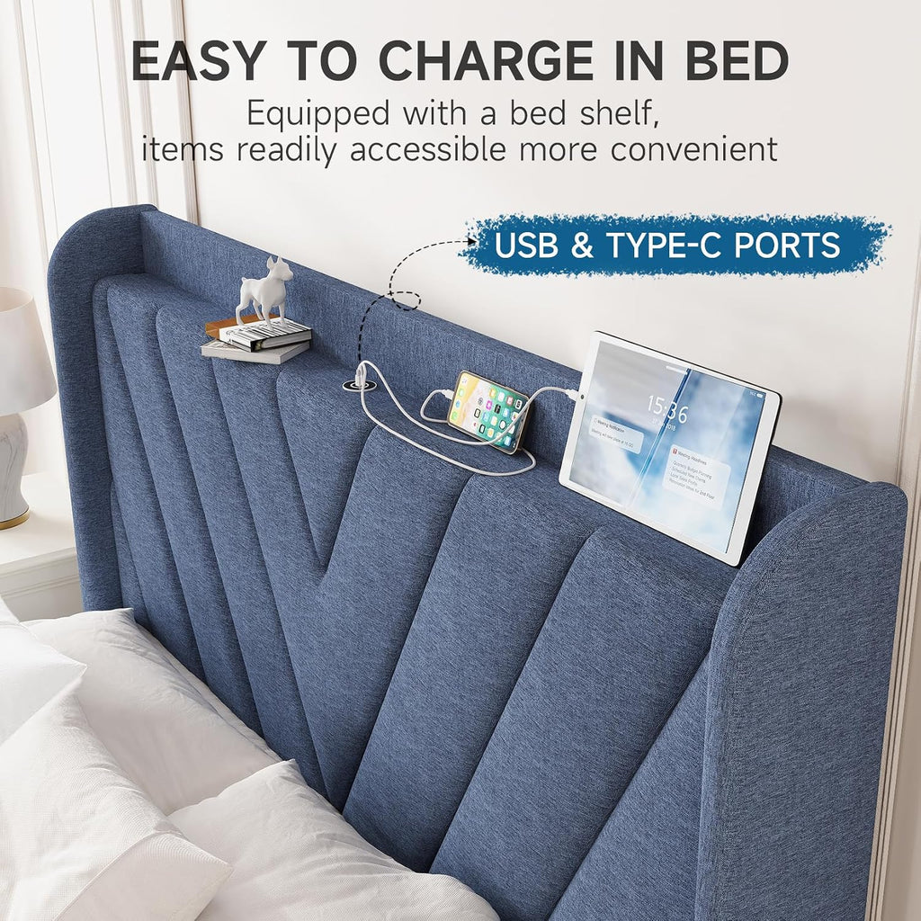koorlian Queen Bed Frame with Headboard, Adjustable Upholstered Platform Bed Frame with Type-C&USB Ports, Wingback Storage Headboard, Solid Wood Slats Support, No Box Spring Needed, Dark Blue