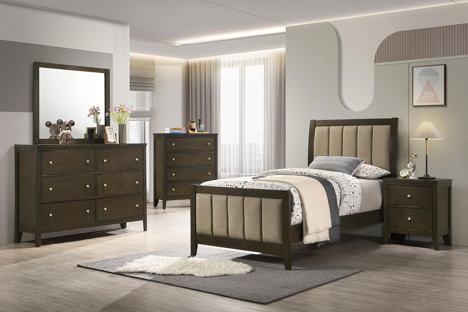 Coaster Home Furnishings Wilkes Transitional 5-Piece Bedroom Set Fabric Upholstered Twin Size Panel Bed Frame 51-inch Headboard Dark Cocoa 224421T-S5