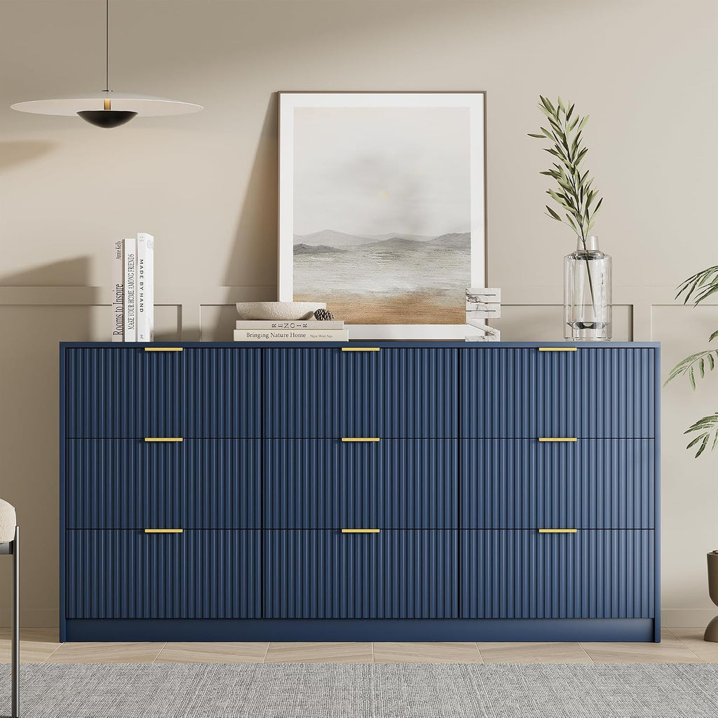 Furniway Blue Dresser for Bedroom, Modern Dresser with 9 Drawers and Smooth Slides, Wide Chest of Drawers with Golden Handles for Bedroom, Living Room, Closet, 15.7' D x 63' W x 31.5' H