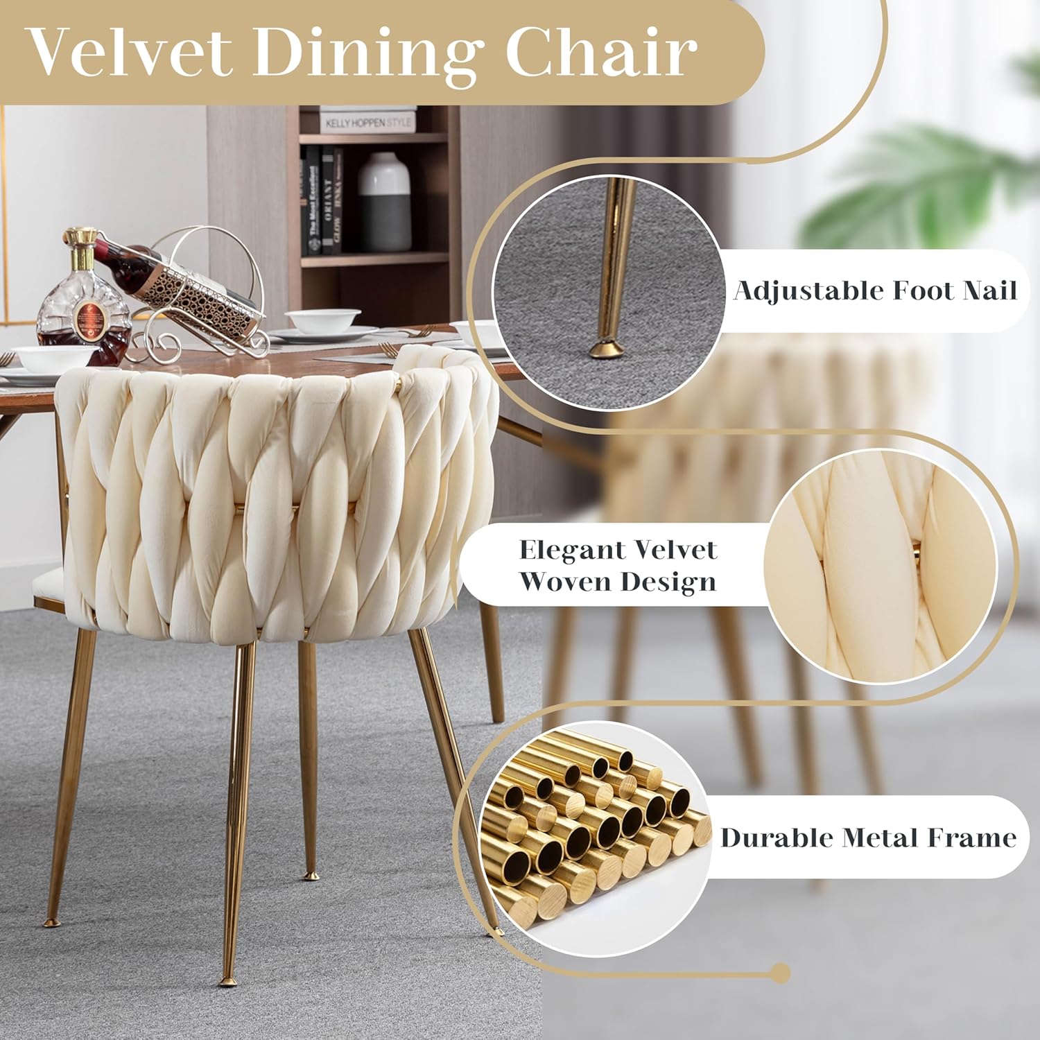 Modern Luxury Round Glass Dining Table Set, 5 PCS Minimalist Circle Dining Room Table Set for 4, 47'' Clear Circular Kitchen Table and Chairs Set of 4, Beige Woven Chair, for Home (Golden)