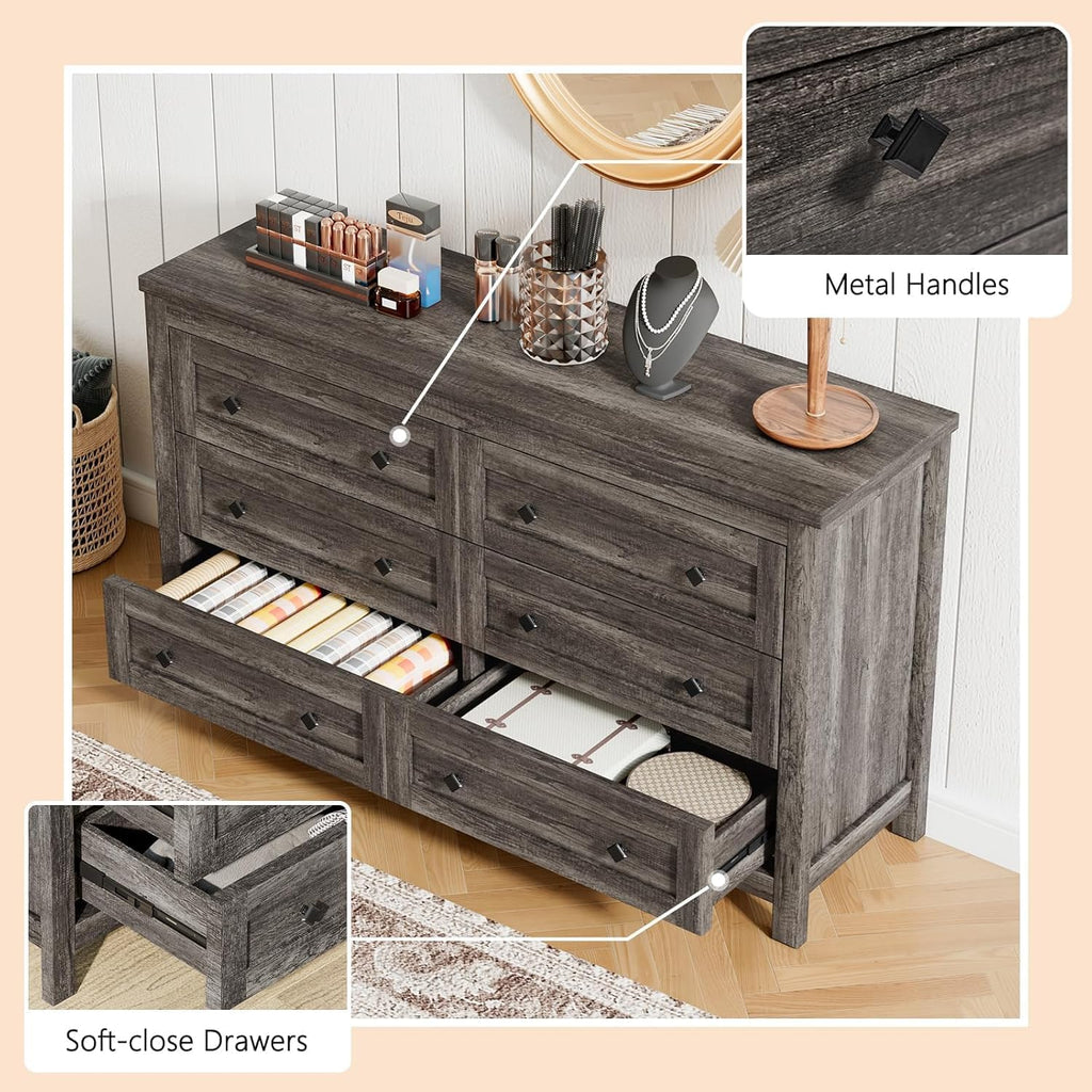 LUXOAK Bedroom Dresser and Nightstand 3 Piece Set, 1 X Wood Rustic 6 Drawer Storage Dresser, Nightstand Set of 2 with Charging Station, Farmhouse Bedroom Furniture Set, Rustic Grey