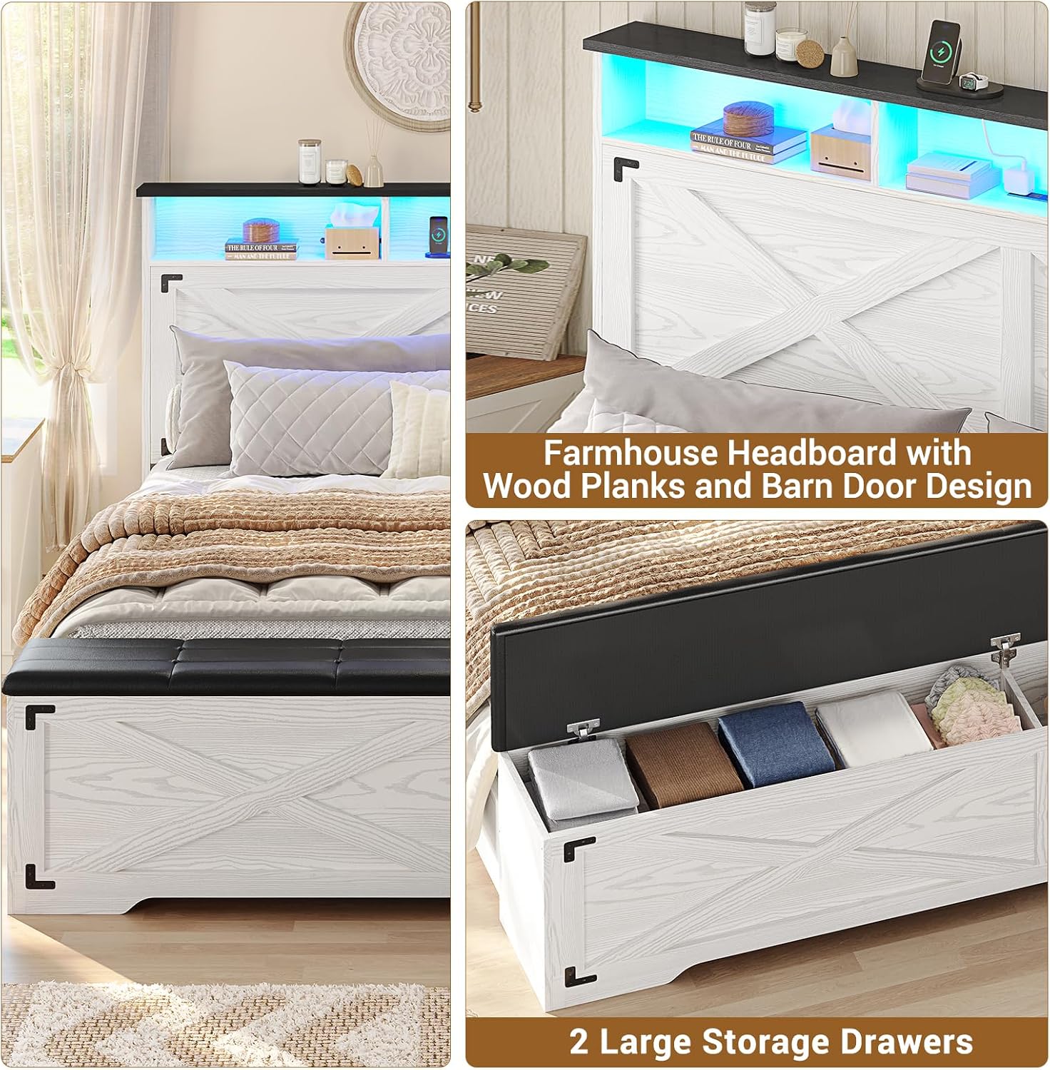 Hasuit Queen Size Bed Frame with Storage Ottoman, Farmhouse Bed Frame with Charging Station and Led Light, Headboard with Storage Rack, Metal Slats, No Noise Design, No Box Spring Needed,Walnut White