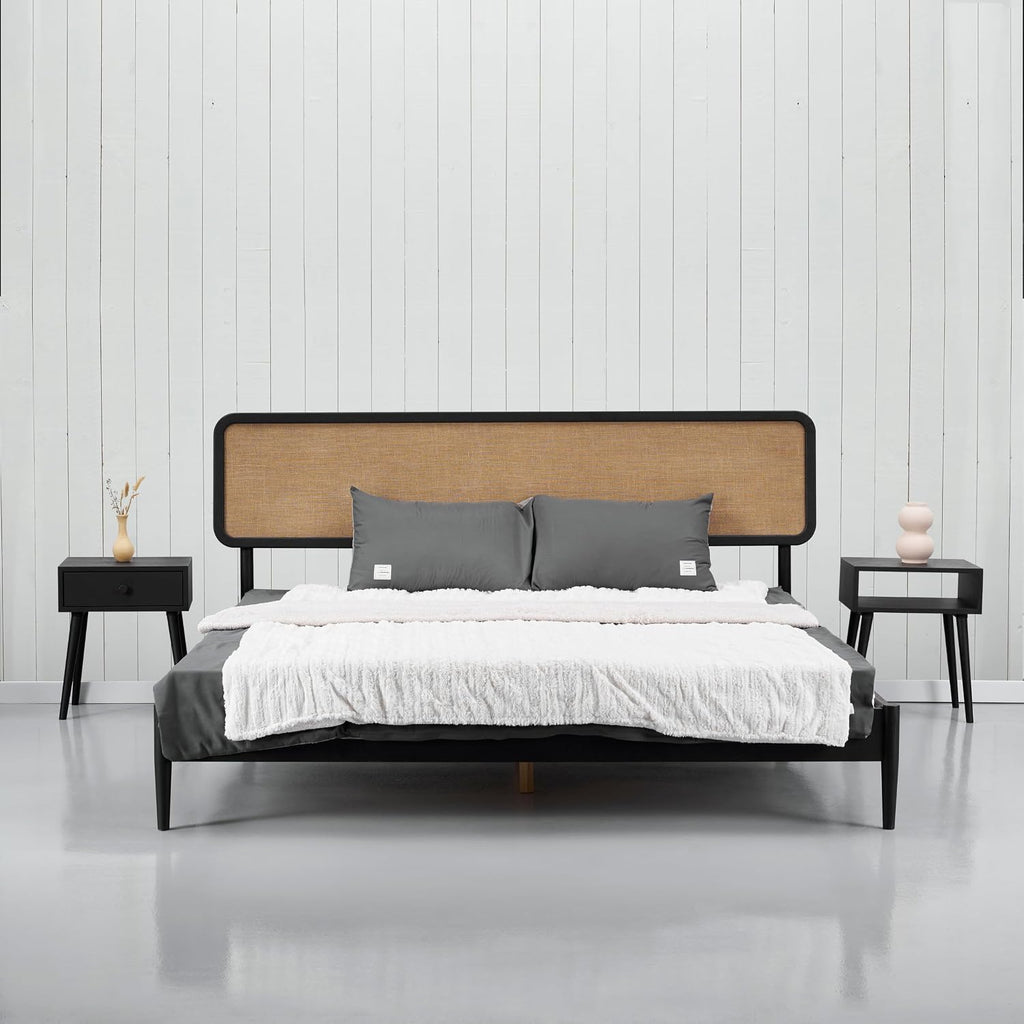 NTC Lupin Wooden Bed Frame with Headboard, Solid Oak and Rubber Wood Foundation with Silent Slats and Wood Central Supports, 1000 Lb Capacity, Effortless Assembly, King - Burnt Black