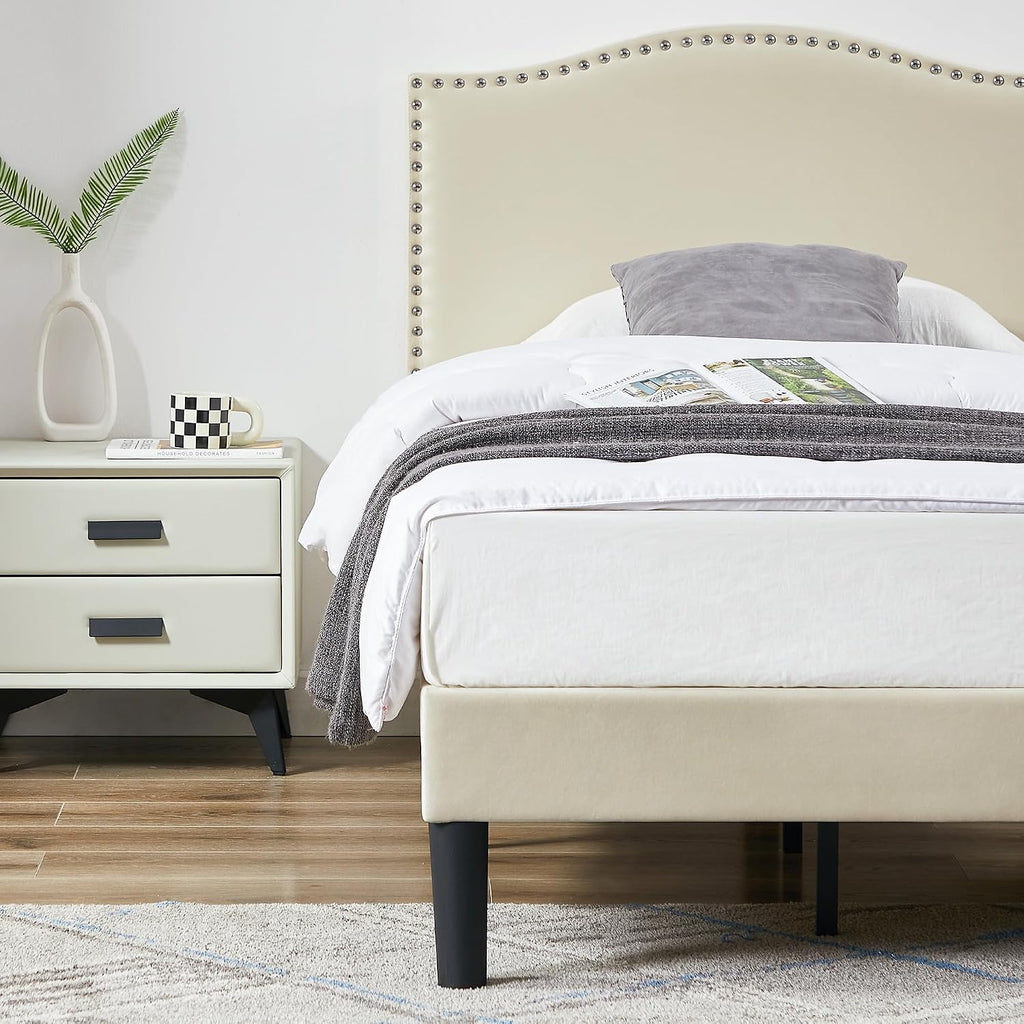VECELO Twin Bed Frame Platform Bed Frame with Upholstered Headboard, Strong Frame and Wooden Slats Support, Strong Weight Capacity, Non-Slip and Noise-Free, Easy Assembly,Beige